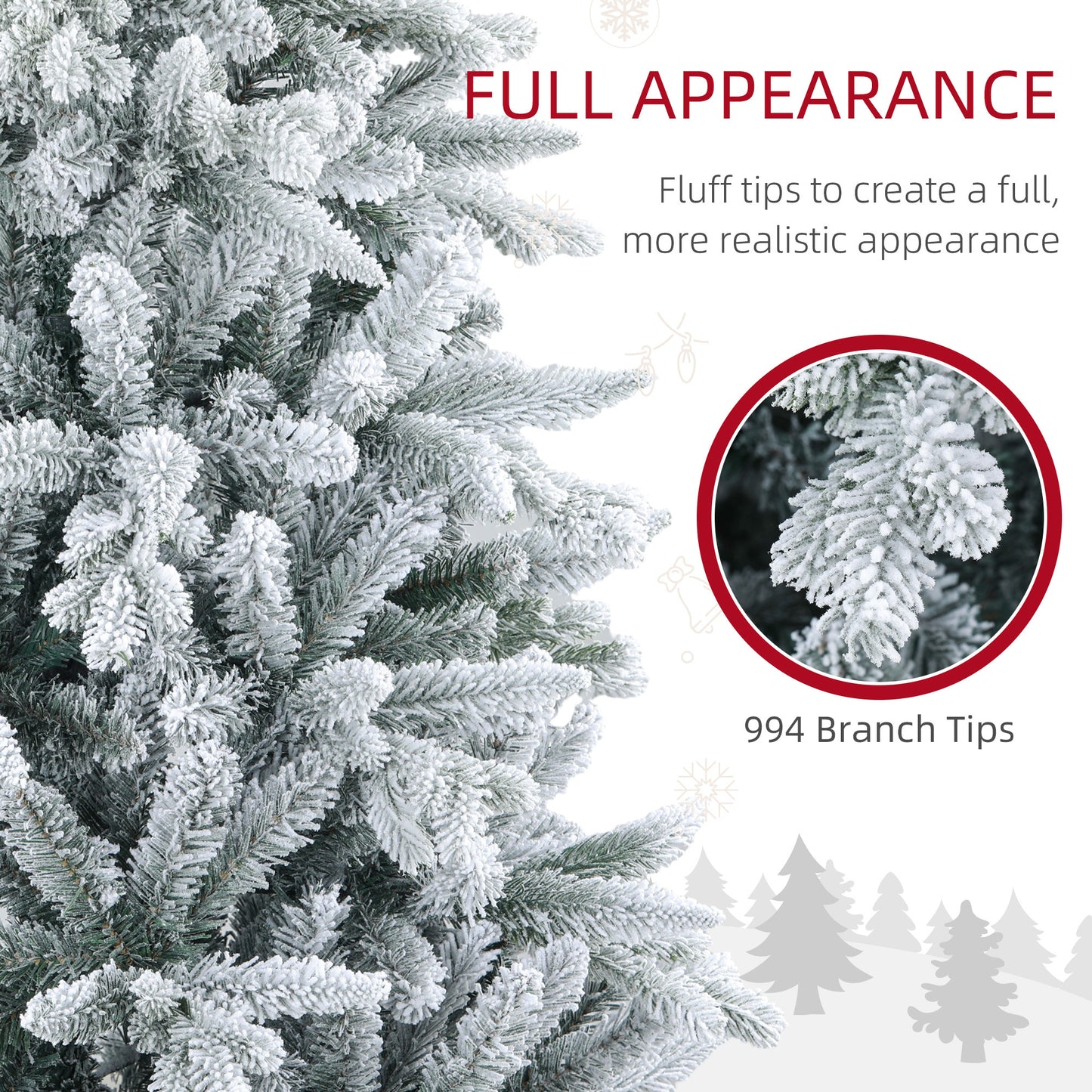 HOMCOM 6ft Snow Flocked Artificial Christmas Tree with 994 Tips, Foldable Metal Stand, Easy Assembly, Hinged Xmas Tree for Home, Office, Holiday, Green