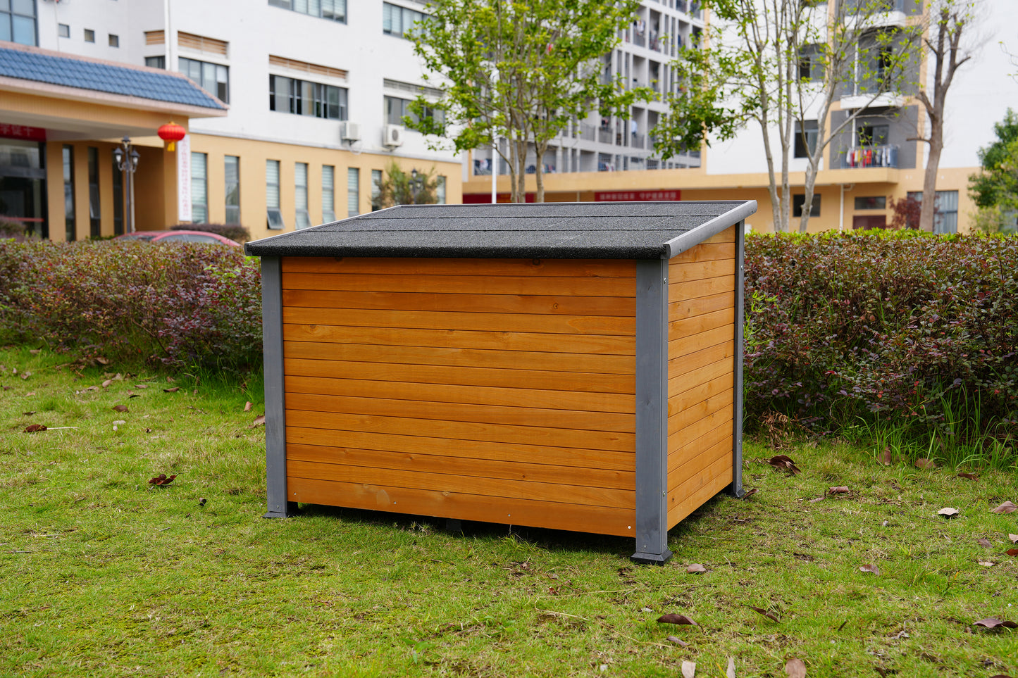 45" winter warm outdoor indoor dog house, made of solid wood, plastic curtain, insulation mat.