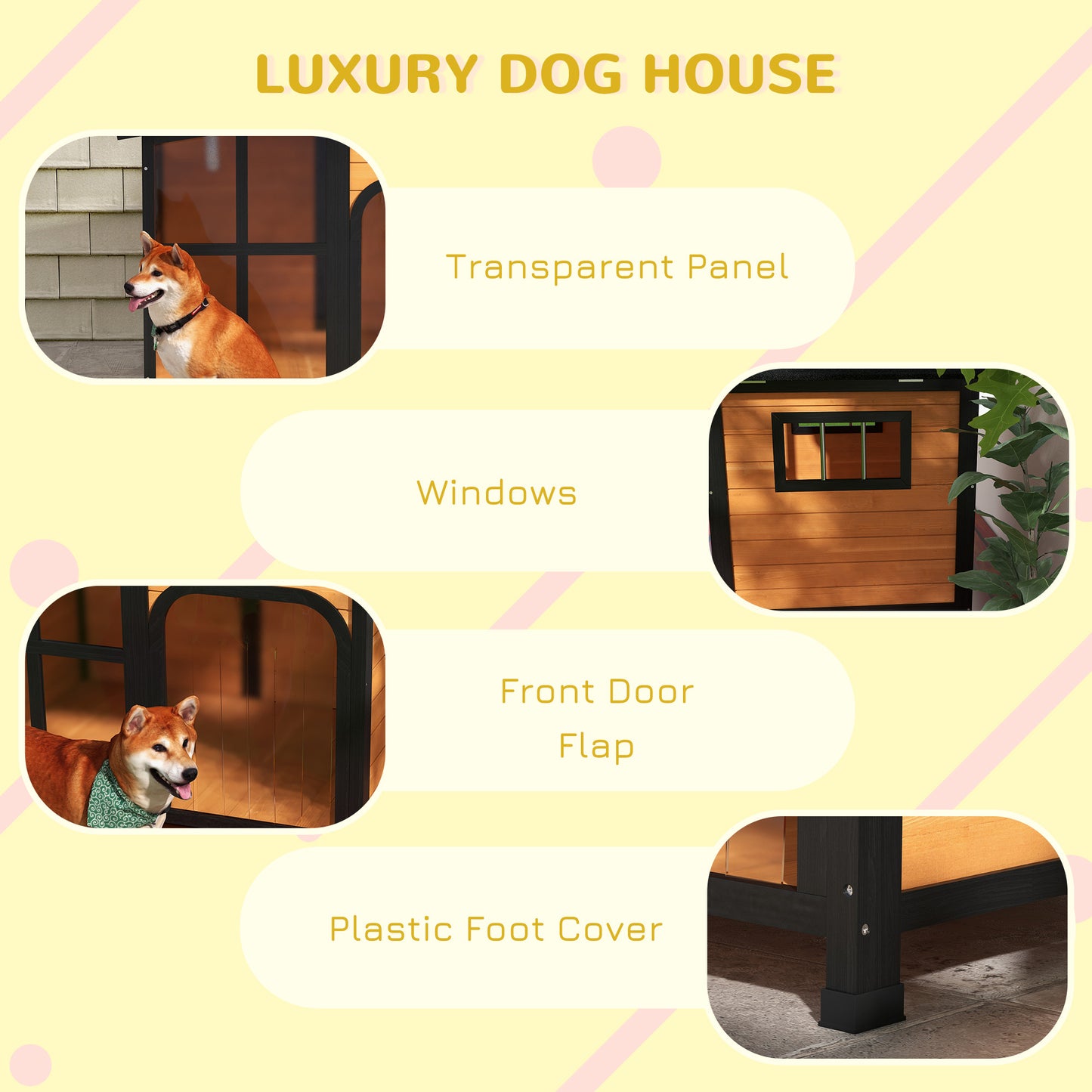 PawHut Outside Cabin-Style Wooden Dog House for Large Dogs with Openable Roof & Giant Window, Outdoor & Indoor Big Dog House, Asphalt Roof, Yellow