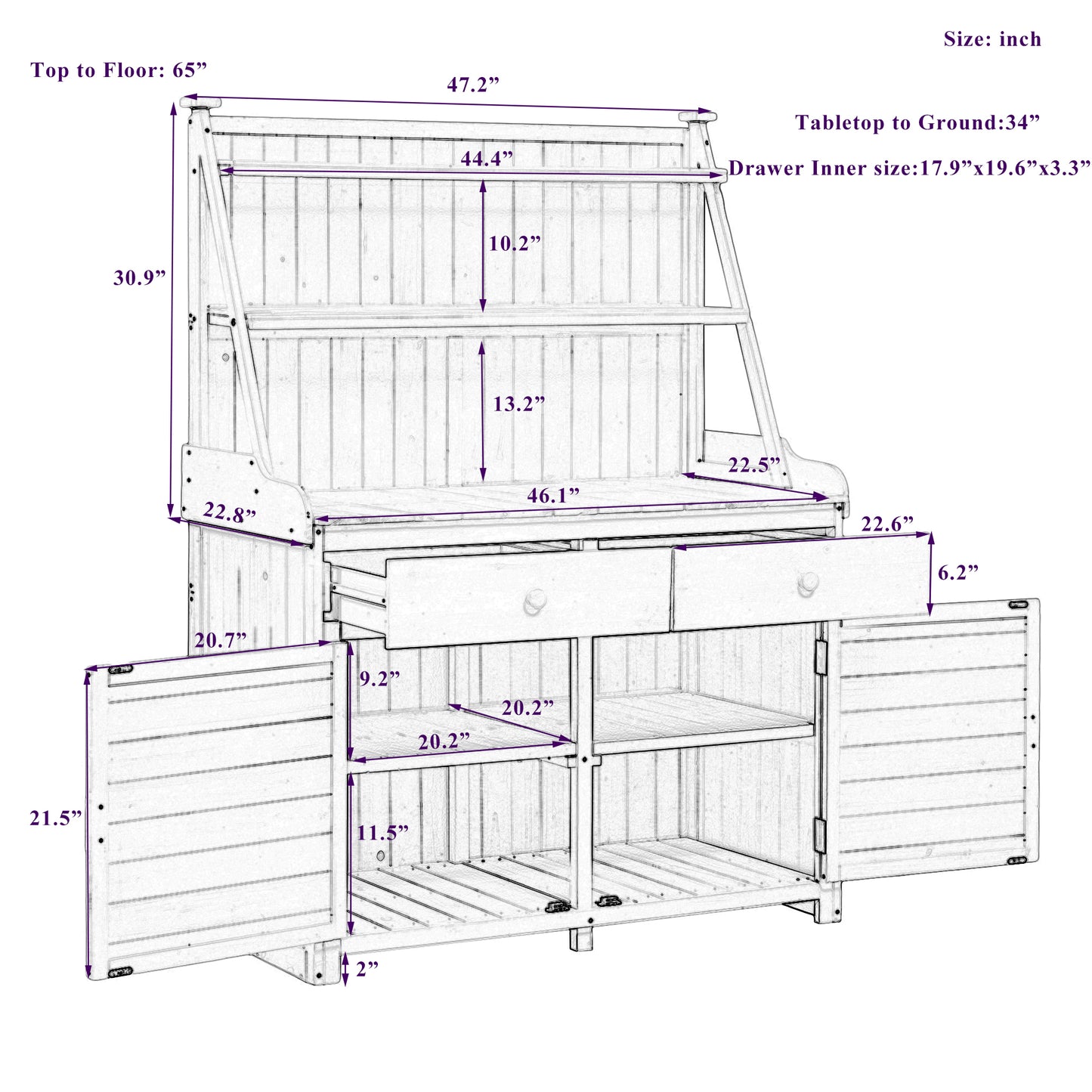 TOPMAX 65inch Garden Potting Bench Table, Fir Wood Workstation with Storage Shelf, Drawer and Cabinet, Brown