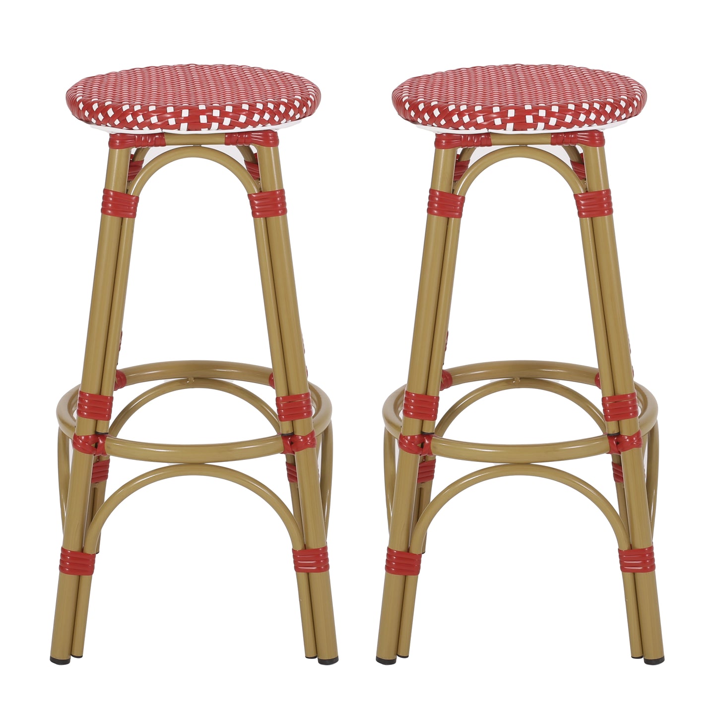 Outdoor PE Ratten and Aluminum 29.5" French Backless Barstools, Set of 2, Red, Bamboo Print Finish