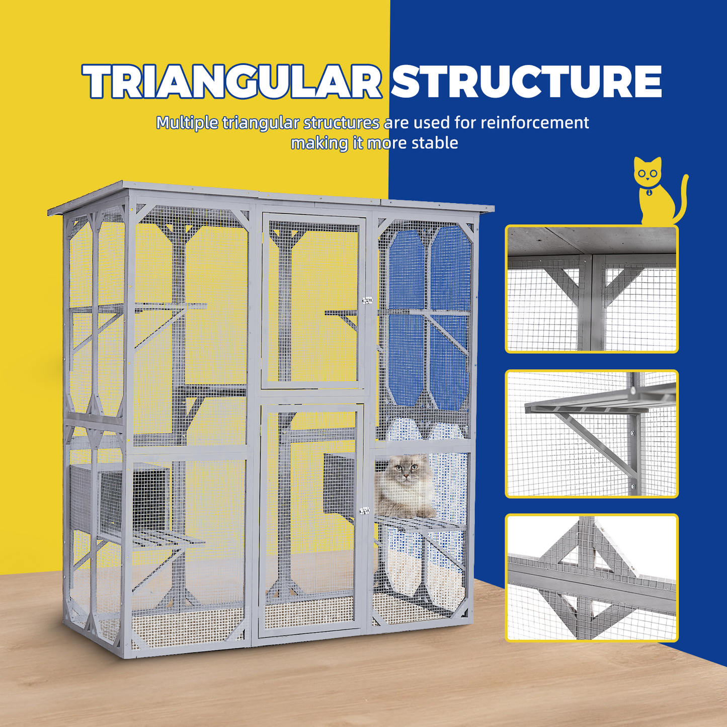 Catio Outdoor Cat Enclosure with Roof 72" Height Cat Wooden House Large Cat Cage with 3 Jumping Platforms and 2 Napping Houses for Cat Activity (Grey)