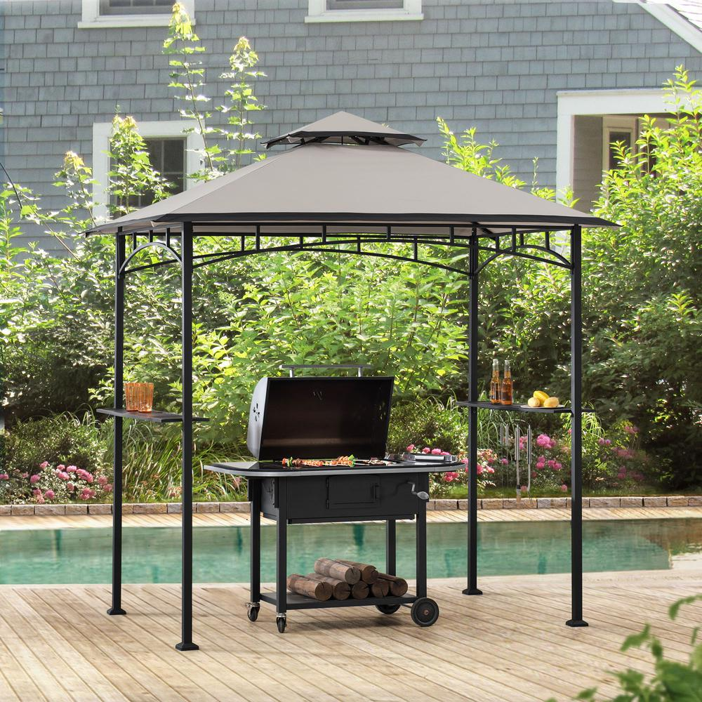 5 ft. x 8 ft. Black Steel 2-tier Grill Gazebo with Gray and Black Canopy