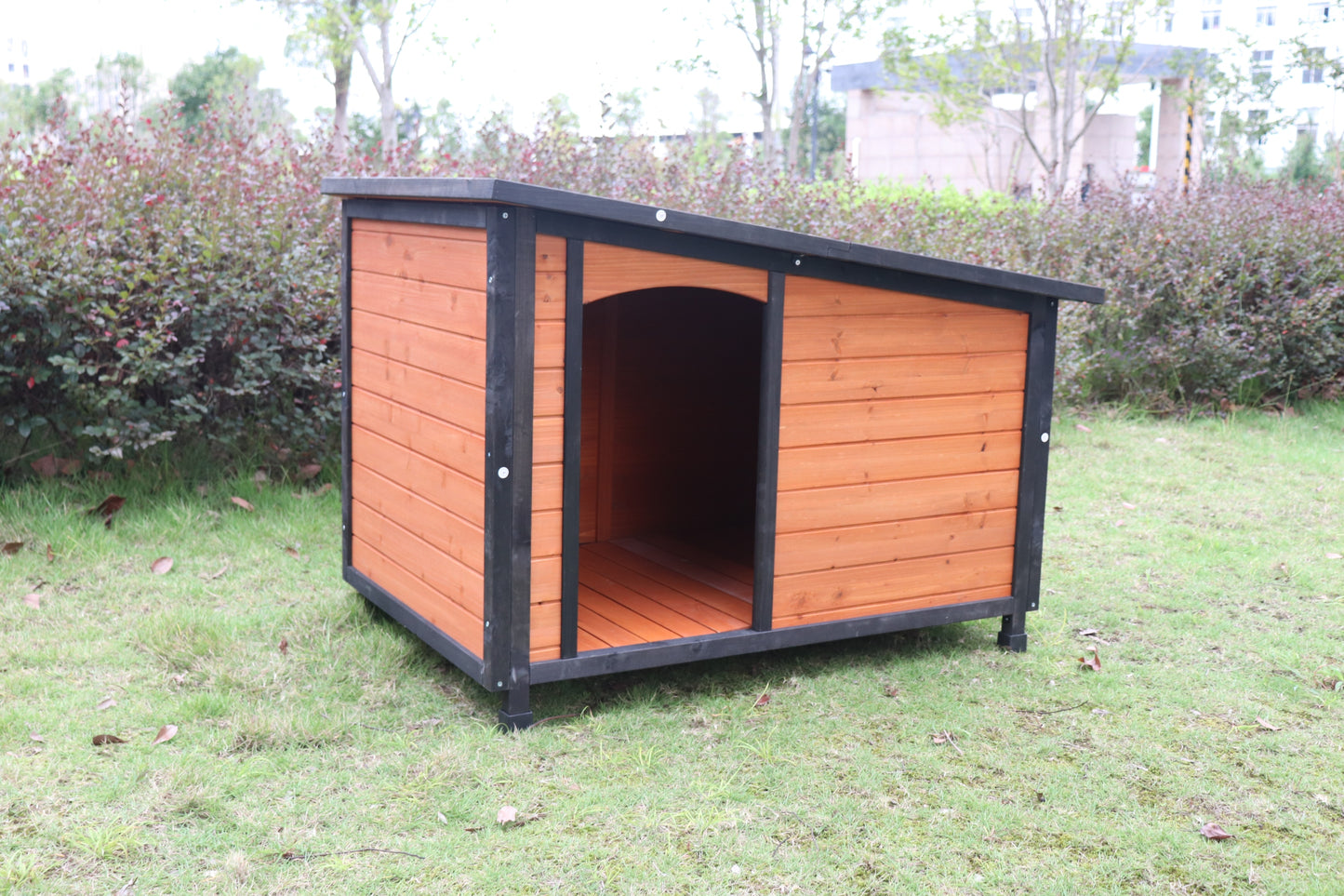 46"Dog House Outdoor & Indoor  Wooden Dog Kennel for Winter with Raised Feet Weatherproof for Large Dogs(Gold red and black)PVC waterproof roof(L)