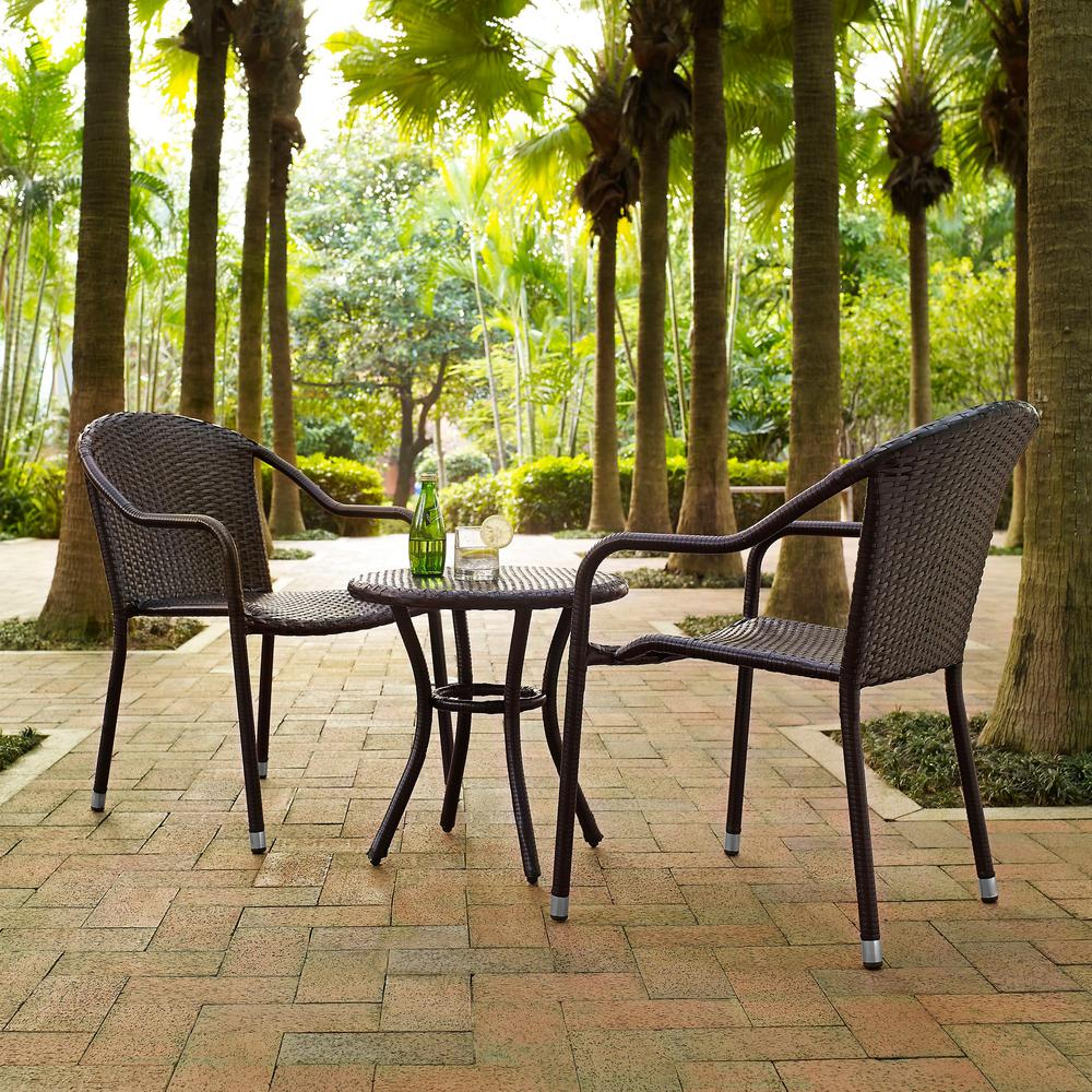 Palm Harbor 3Pc Outdoor Wicker Chair Set Brown - Round Side Table & 2 Stackable Chairs