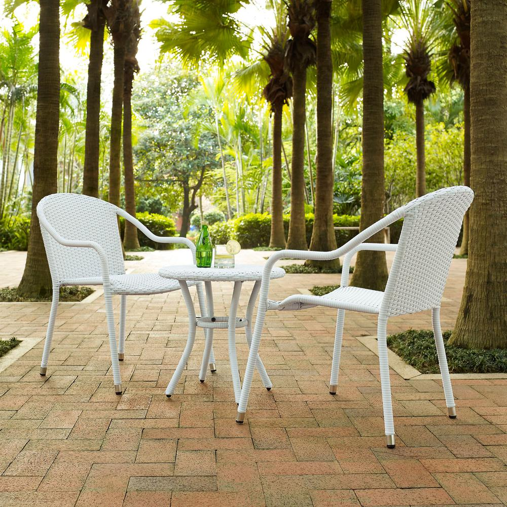 Palm Harbor 3Pc Outdoor Wicker Chair Set White - Round Side Table & 2 Stackable Chairs