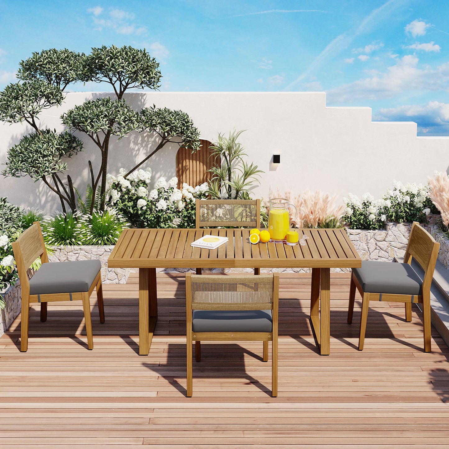 U_Style Multi-person Outdoor Acacia Wood Dining Table and Chair Set, Thick Cushions, Suitable for Balcony, Vourtyard, and Garden.