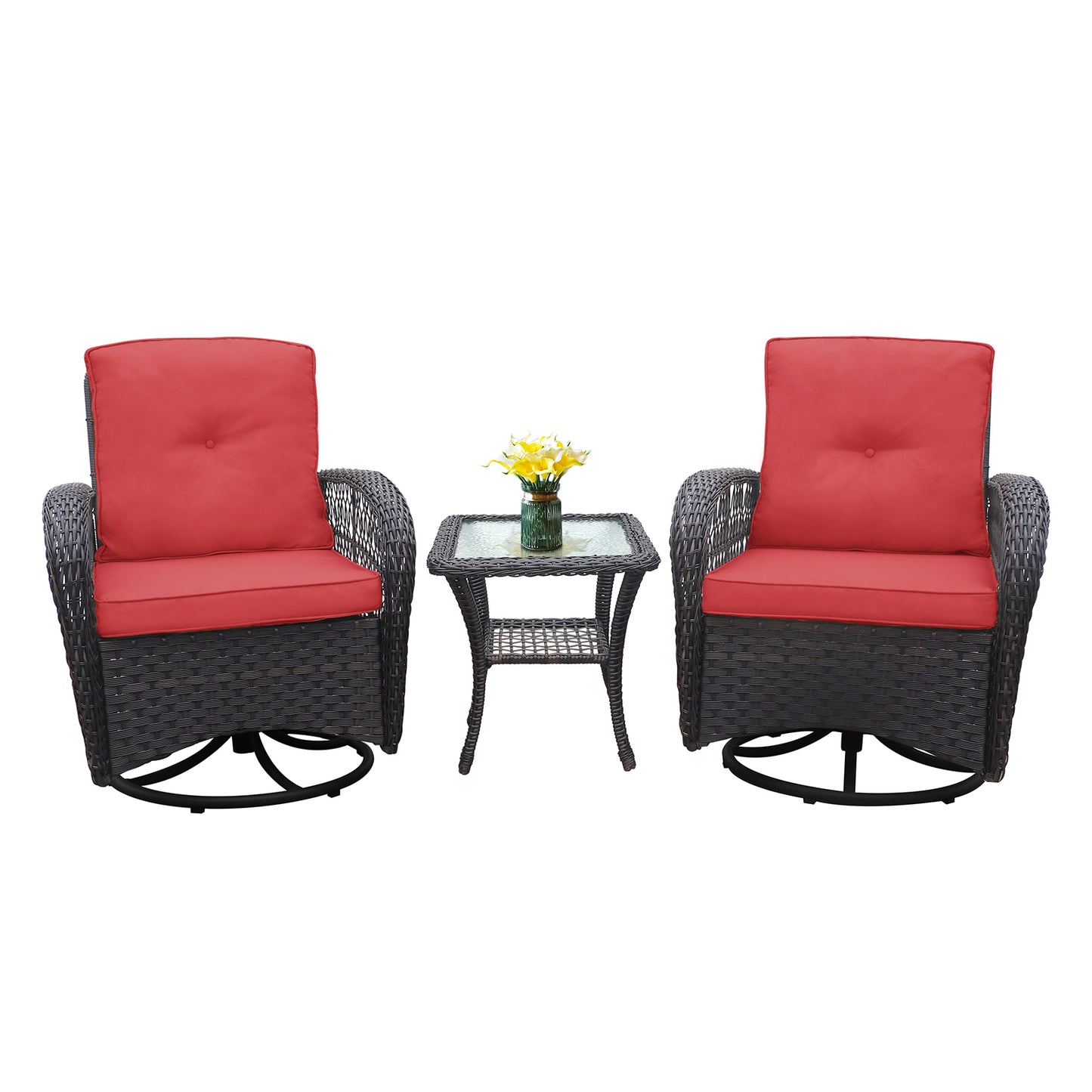 3 Pieces Conversation Set, Outdoor Wicker Rocker Swivel  Patio Bistro Set,  Rocking Chair with Glass Top Side Table,Red