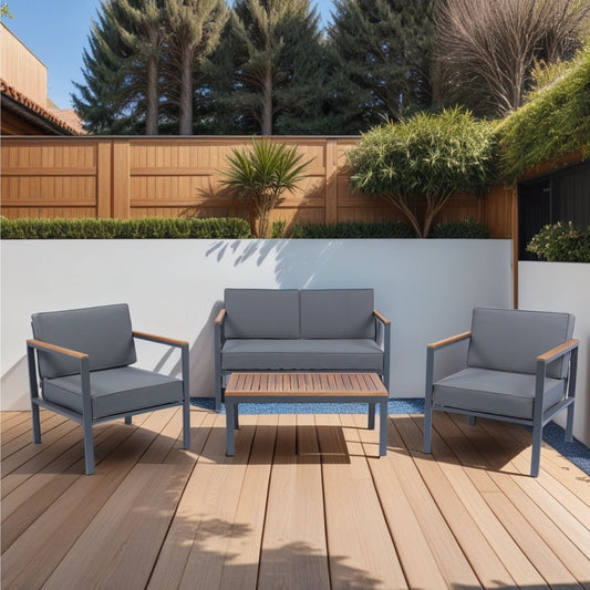 4 Piece Outdoor Sofa Set with Acacia Wood Top, Padded Patio