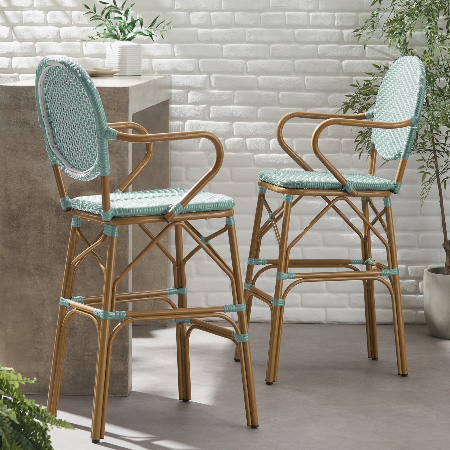 Outdoor Wicker and Aluminum 29.5" French Barstools, Set of 2, Teal, Bamboo Print Finish