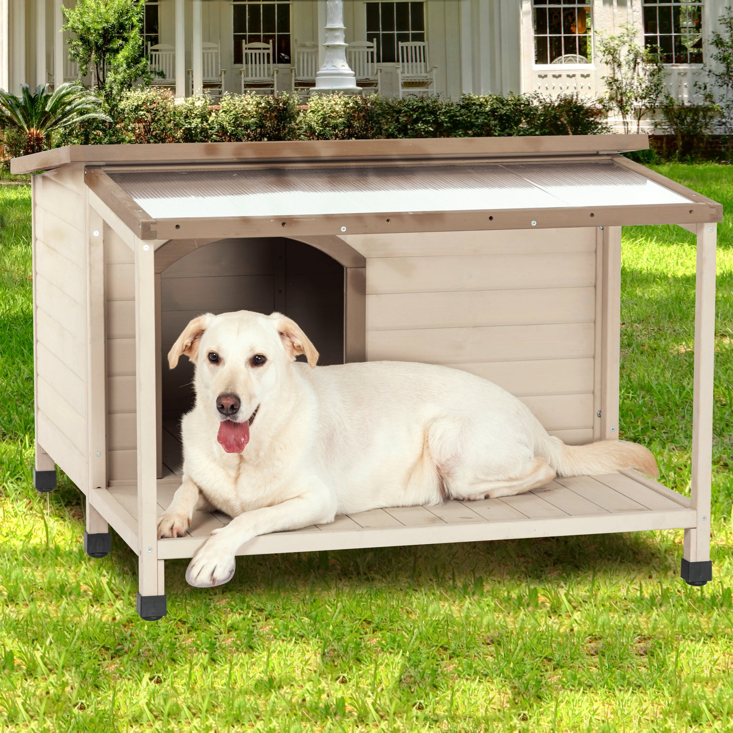 Outdoor fir wood dog house with an open roof ideal for medium to large  dogs. Dog house with large terrace with clear roof.Weatherproof asphalt roof and treated wood.