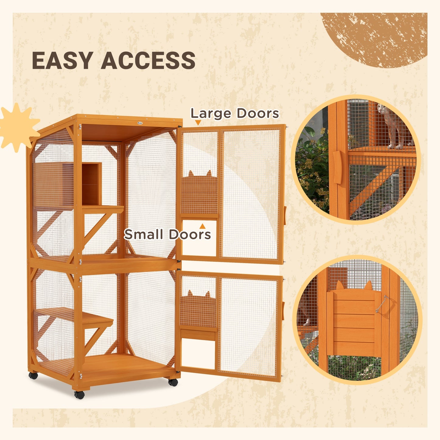 PawHut Large Cat House with High-Up Resting Box, 71" Wooden Catio with Asphalt Roof, Indoor & Outdoor Cat Enclosure on Wheels, for 1-3 Cats, Orange