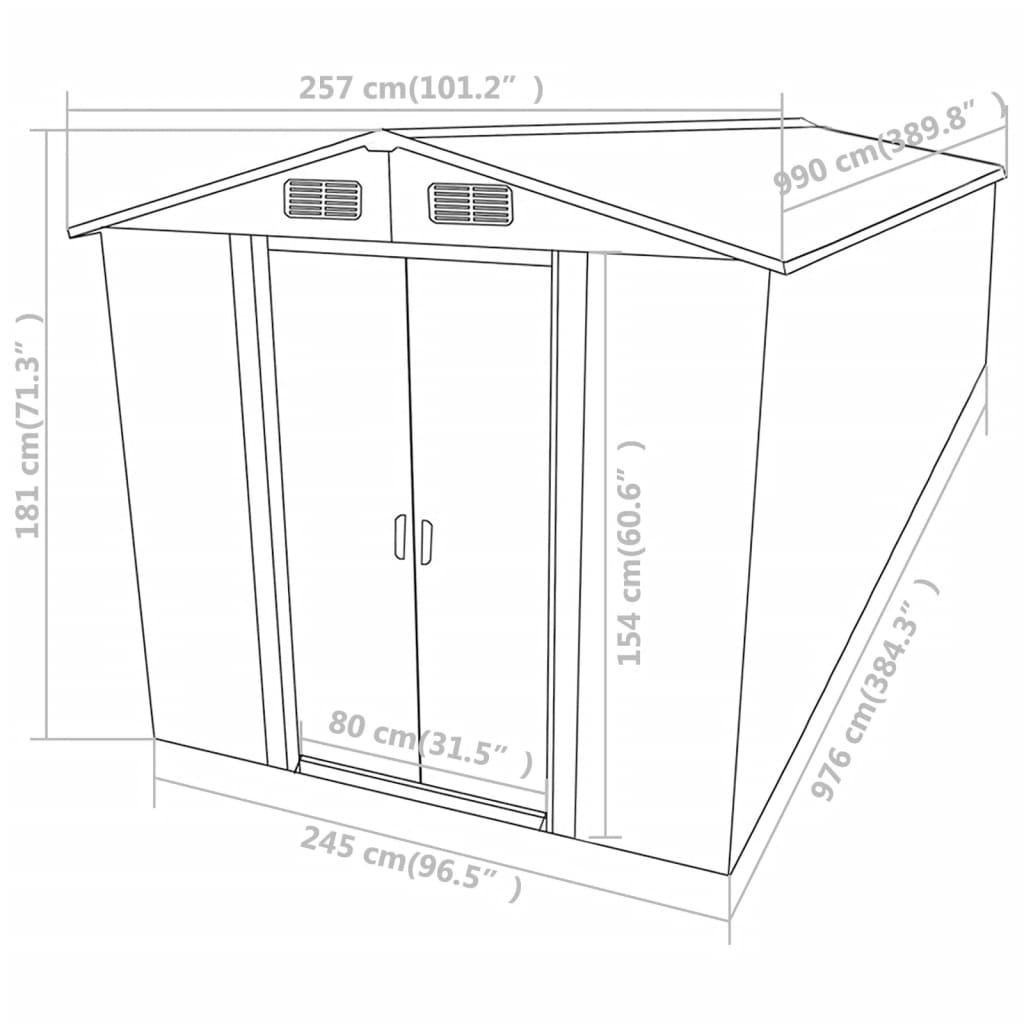 vidaXL Garden Shed Green 101.2"x389.8"x71.3" Galvanized steel