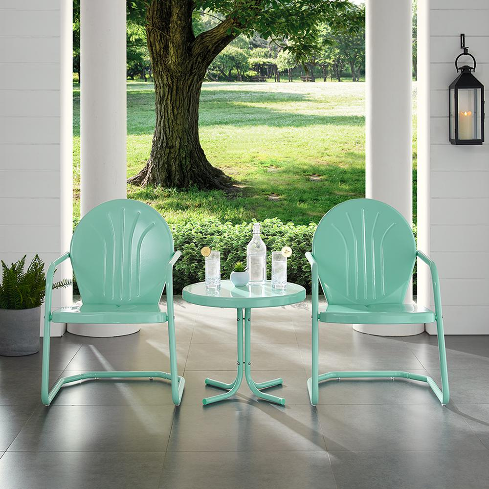 Griffith 3Pc Outdoor Metal Armchair Set Aqua Gloss - Side Table & 2 Chairs