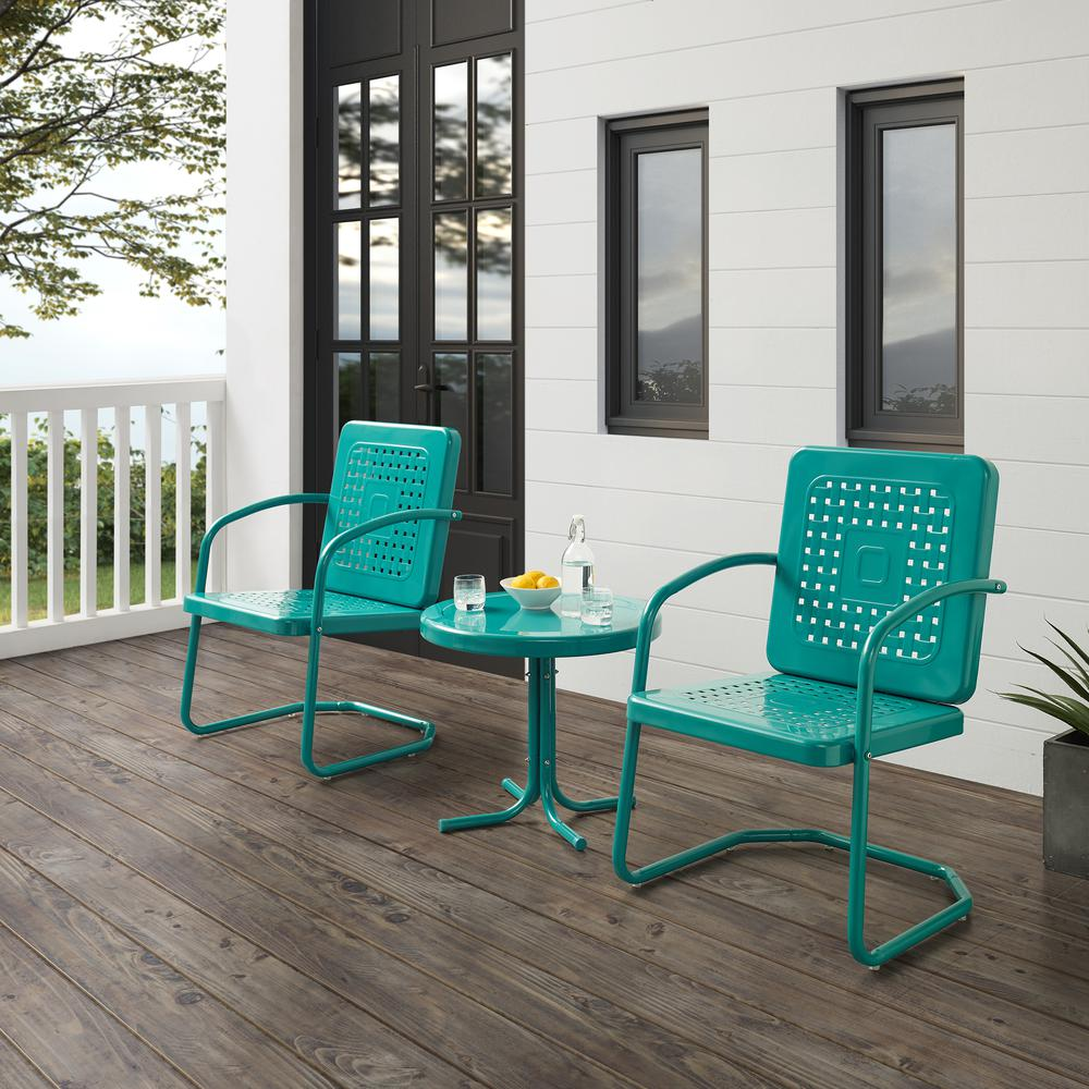 Bates 3Pc Outdoor Metal Armchair Set Turquoise Gloss - Side Table & 2 Armchairs