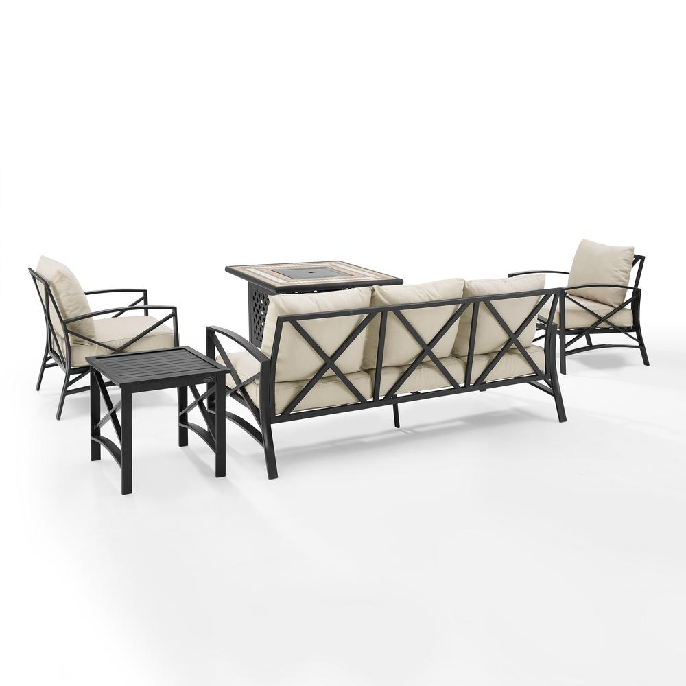 Kaplan 5Pc Outdoor Metal Sofa Set W/Fire Table Oatmeal/Oil Rubbed Bronze - Sofa, Side Table, Tucson Fire Table, & 2 Chairs