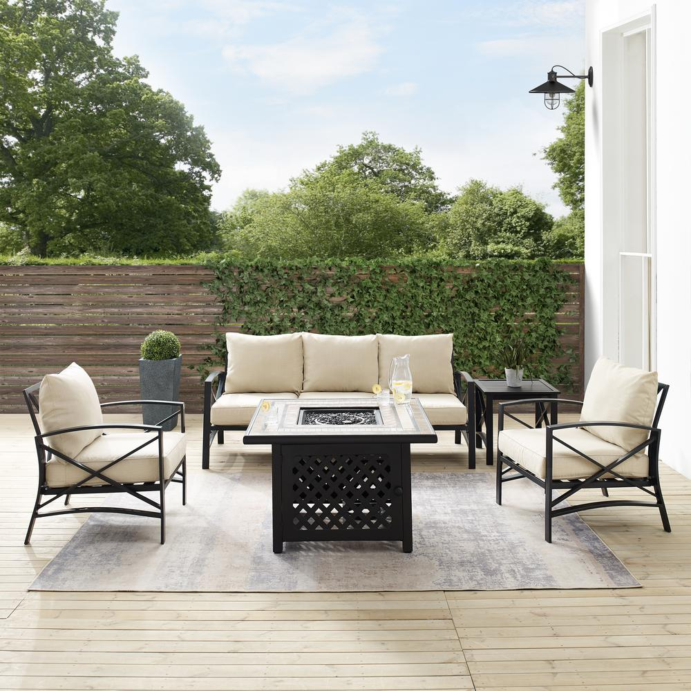 Kaplan 5Pc Outdoor Metal Sofa Set W/Fire Table Oatmeal/Oil Rubbed Bronze - Sofa, Side Table, Tucson Fire Table, & 2 Chairs