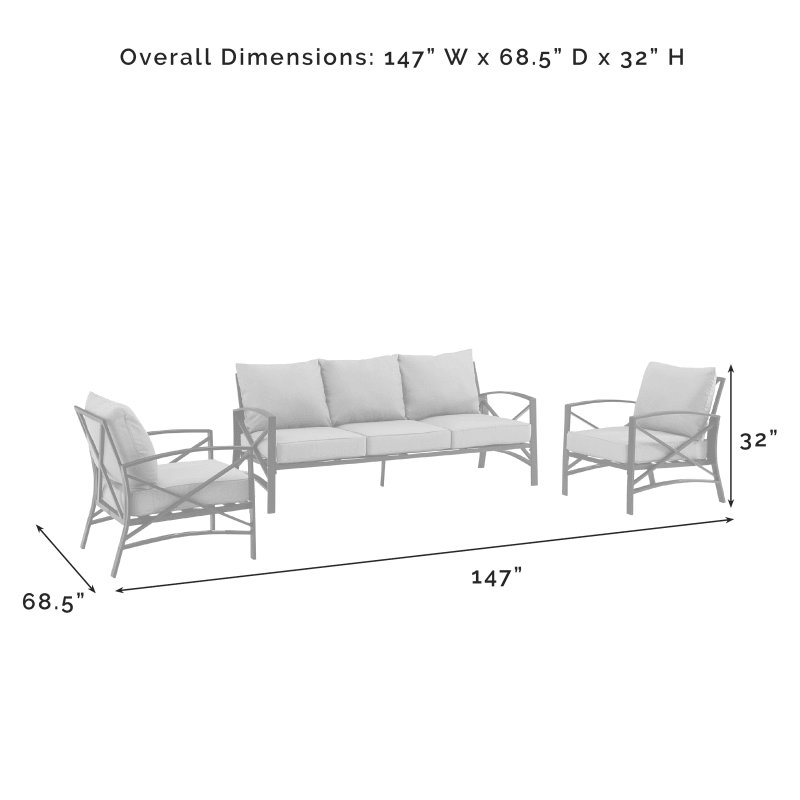 Kaplan 3Pc Outdoor Metal Sofa Set Gray/White - Sofa & 2 Arm Chairs