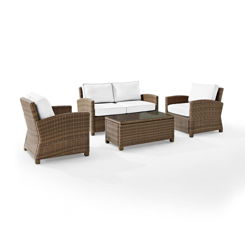 Bradenton 4Pc Outdoor Conversation Set - Sunbrella White/Weathered Brown - Loveseat, Coffee Table, & 2 Arm Chairs