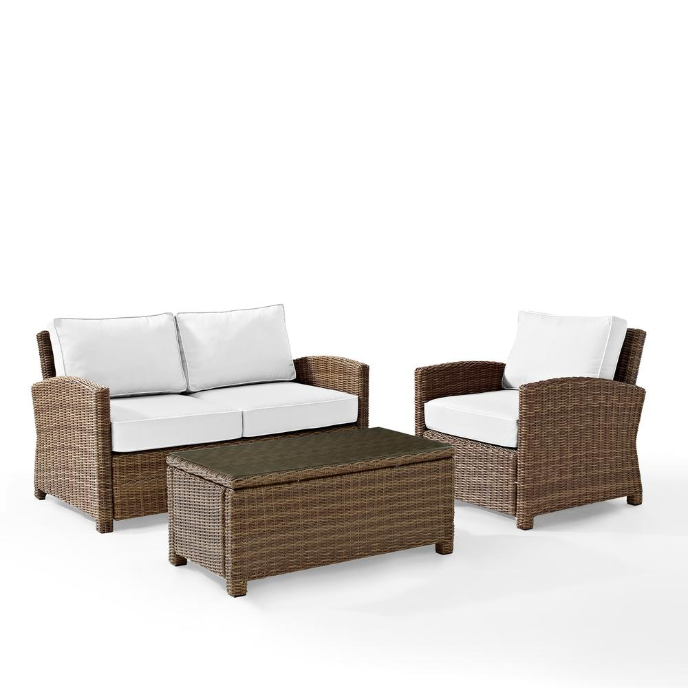 Bradenton 3Pc Outdoor Conversation Set - Sunbrella White/Weathered Brown - Loveseat, Arm Chair, & Coffee Table