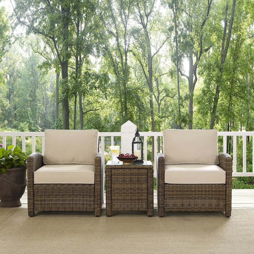 Bradenton 3Pc Outdoor Wicker Armchair Set Sand/Weathered Brown - Side Table & 2 Armchairs