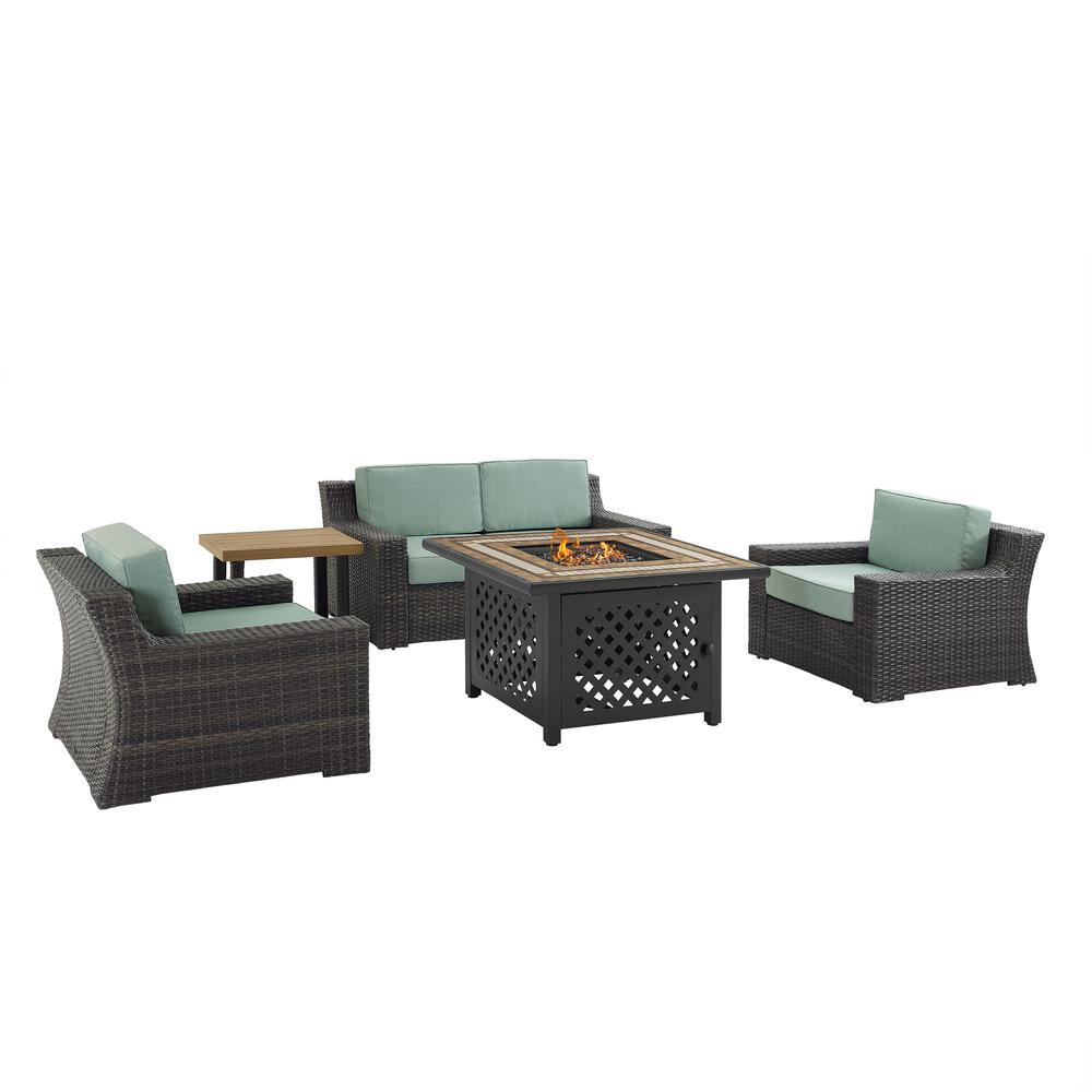 Beaufort 5Pc Outdoor Wicker Conversation Set W/Fire Table Mist/Brown - Tucson Fire Table, Side Table, Loveseat, & 2 Chars