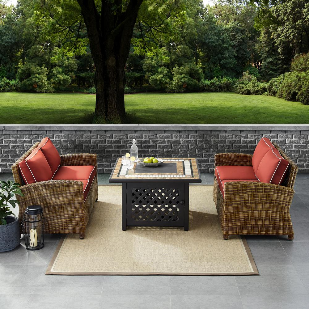 Bradenton 3Pc Outdoor Wicker Conversation Set W/Fire Table Sangria/Weathered Brown - Tucson Fire Table & 2 Loveseats