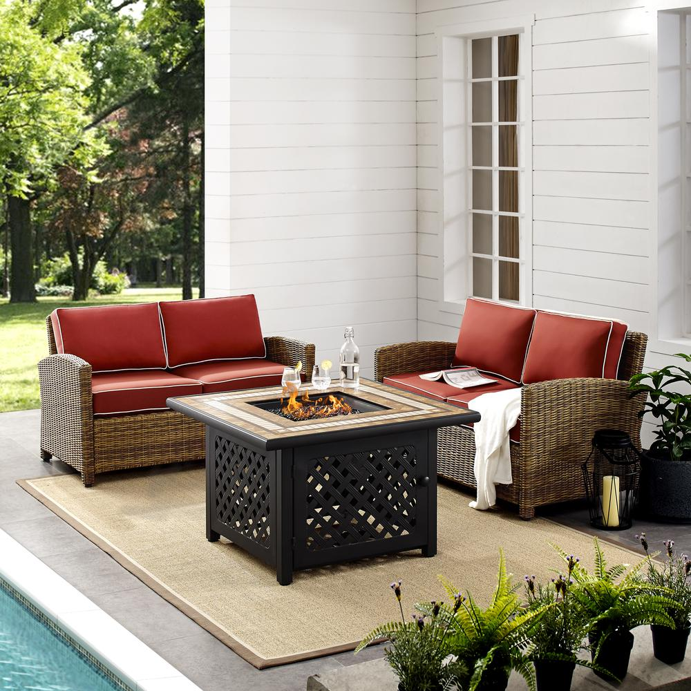 Bradenton 3Pc Outdoor Wicker Conversation Set W/Fire Table Sangria/Weathered Brown - Tucson Fire Table & 2 Loveseats