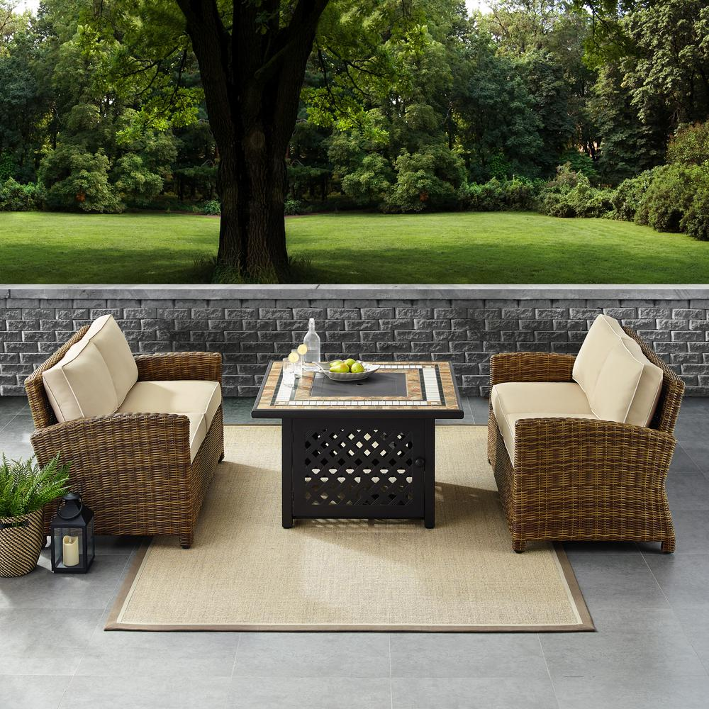 Bradenton 3Pc Outdoor Wicker Conversation Set W/Fire Table Sand/Weathered Brown - Tucson Fire Table & 2 Loveseats