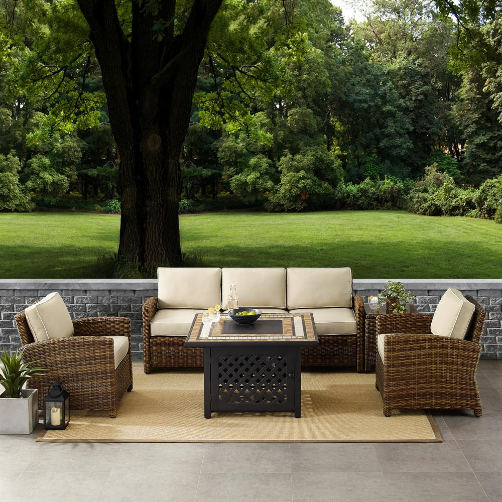 Bradenton 5Pc Outdoor Wicker Sofa Set W/Fire Table Weathered Brown/Sand - Sofa, Side Table, Tucson Fire Table, & 2 Armchairs