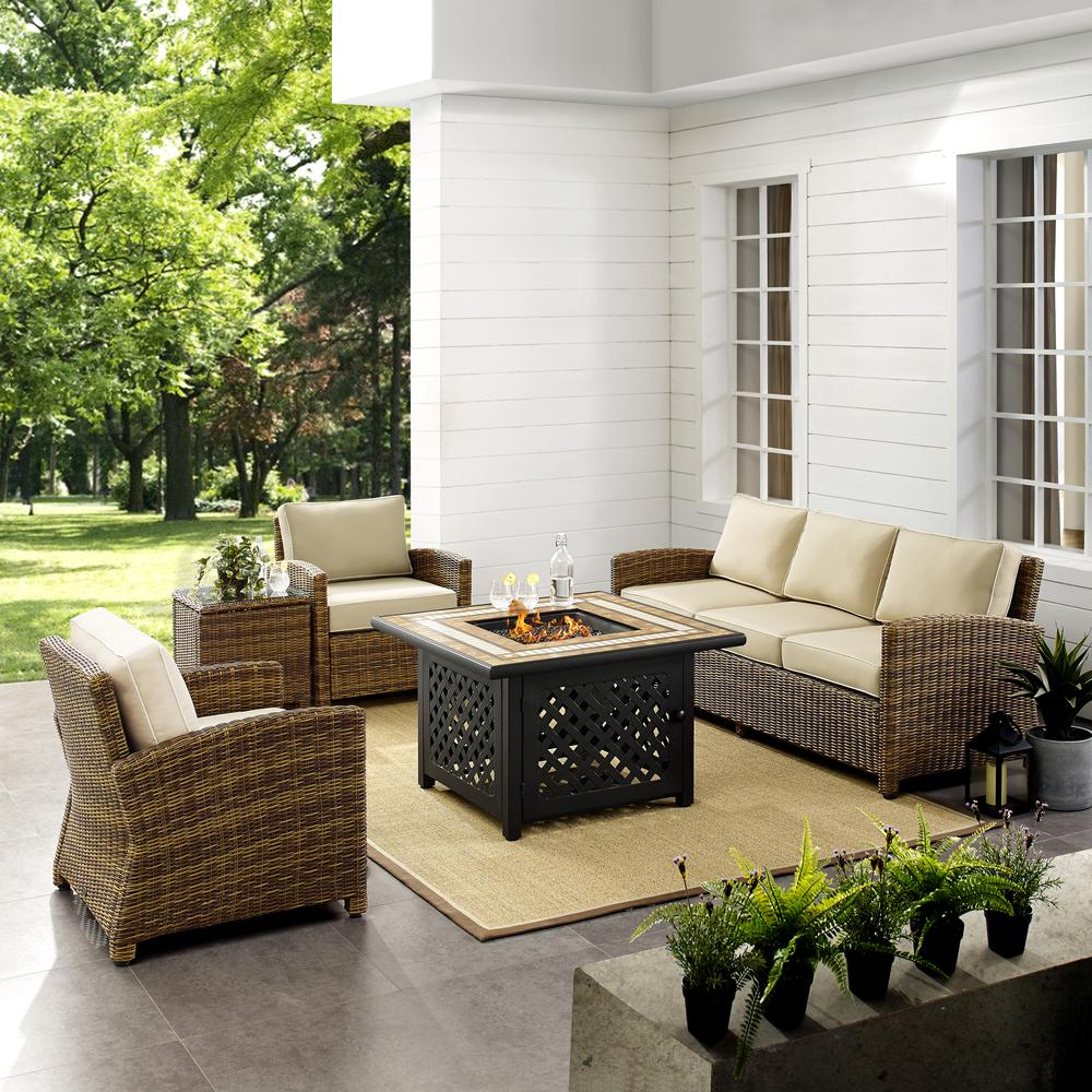 Bradenton 5Pc Outdoor Wicker Sofa Set W/Fire Table Weathered Brown/Sand - Sofa, Side Table, Tucson Fire Table, & 2 Armchairs