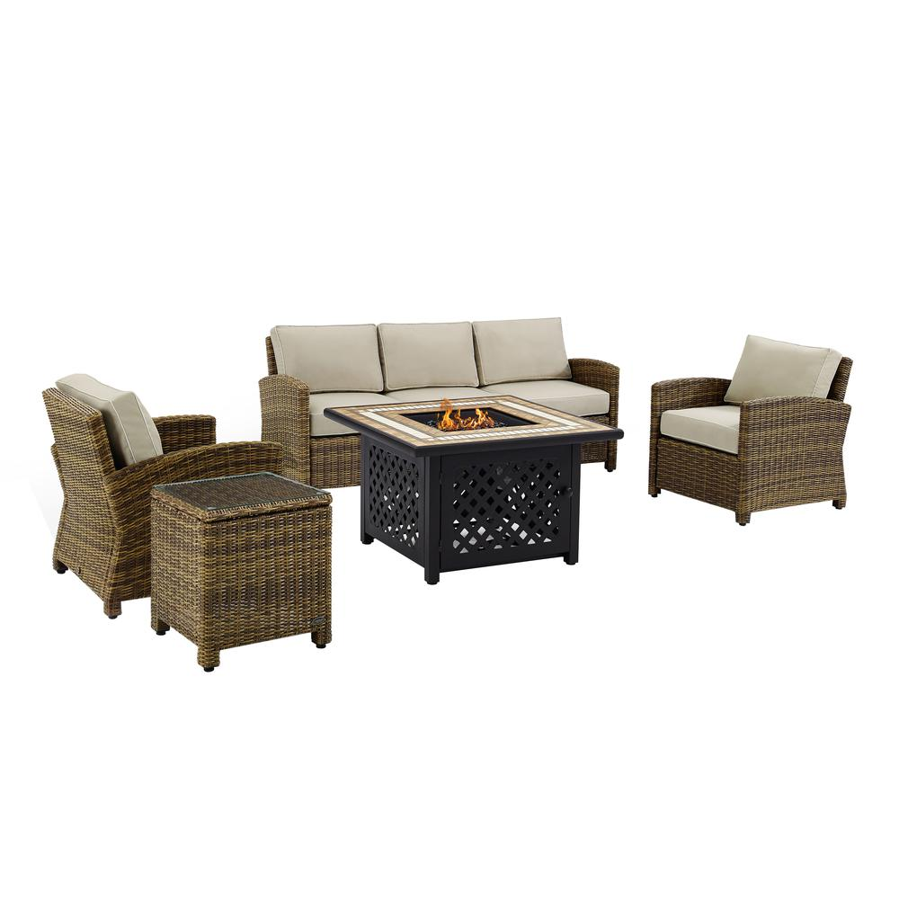 Bradenton 5Pc Outdoor Wicker Sofa Set W/Fire Table Weathered Brown/Sand - Sofa, Side Table, Tucson Fire Table, & 2 Armchairs