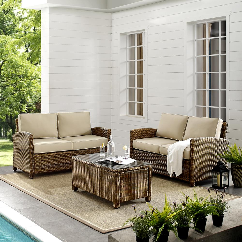 Bradenton 3Pc Outdoor Wicker Conversation Set Sand/Weathered Brown - Coffee Table & 2 Loveseats