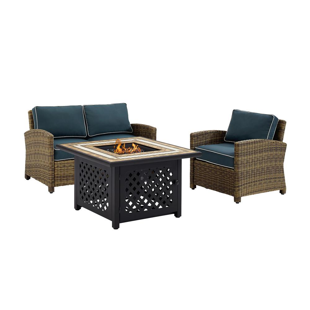 Bradenton 3Pc Outdoor Wicker Conversation Set W/Fire Table Weathered Brown/Navy - Loveseat, Armchair, & Tucson Fire Table