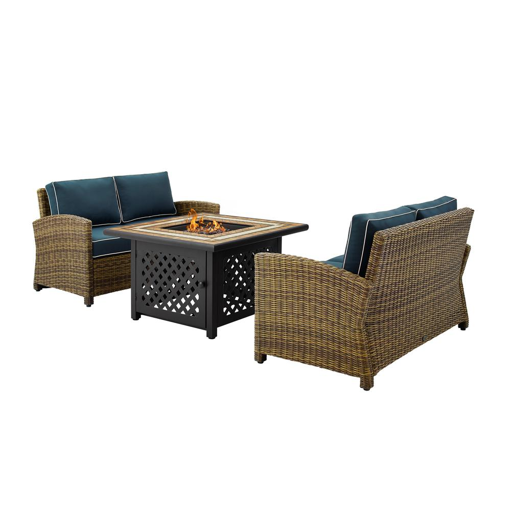 Bradenton 3Pc Outdoor Wicker Conversation Set W/Fire Table Navy/Weathered Brown - Tucson Fire Table & 2 Loveseats