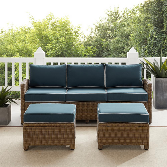 Bradenton 3Pc Outdoor Wicker Sofa Set Navy/Weathered Brown - Sofa & 2 Ottomans