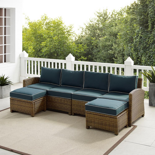 Bradenton 4Pc Outdoor Wicker Sectional Set Navy /Weathered Brown - Left Loveseat, Right Loveseat, & 2 Ottomans