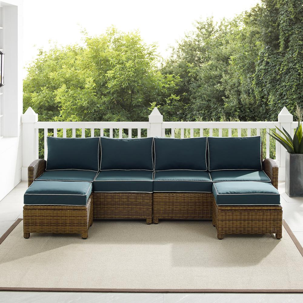 Bradenton 4Pc Outdoor Wicker Sectional Set Navy /Weathered Brown - Left Loveseat, Right Loveseat, & 2 Ottomans