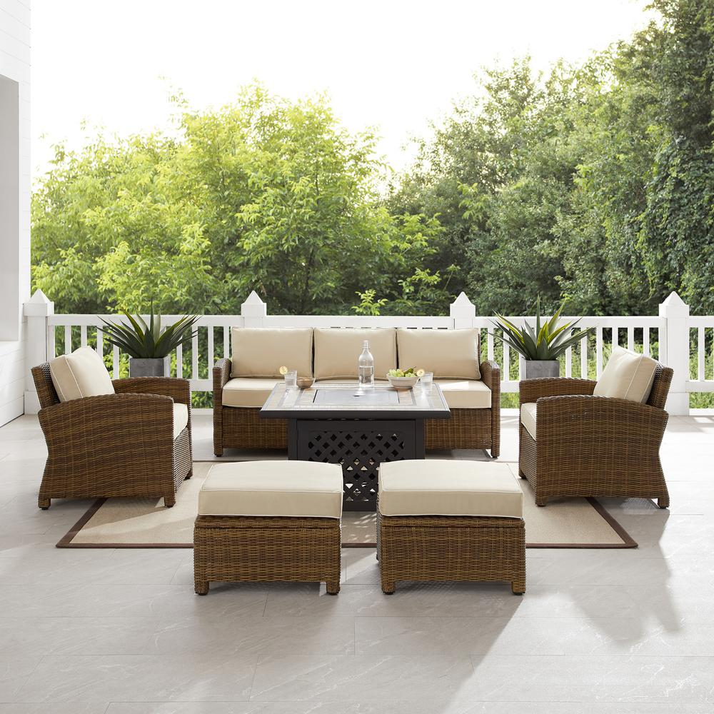 Bradenton 6Pc Outdoor Wicker Sofa Set W/Fire Table Sand/Weathered Brown - Tucson Fire Table, Sofa, 2 Armchairs & 2 Ottomans