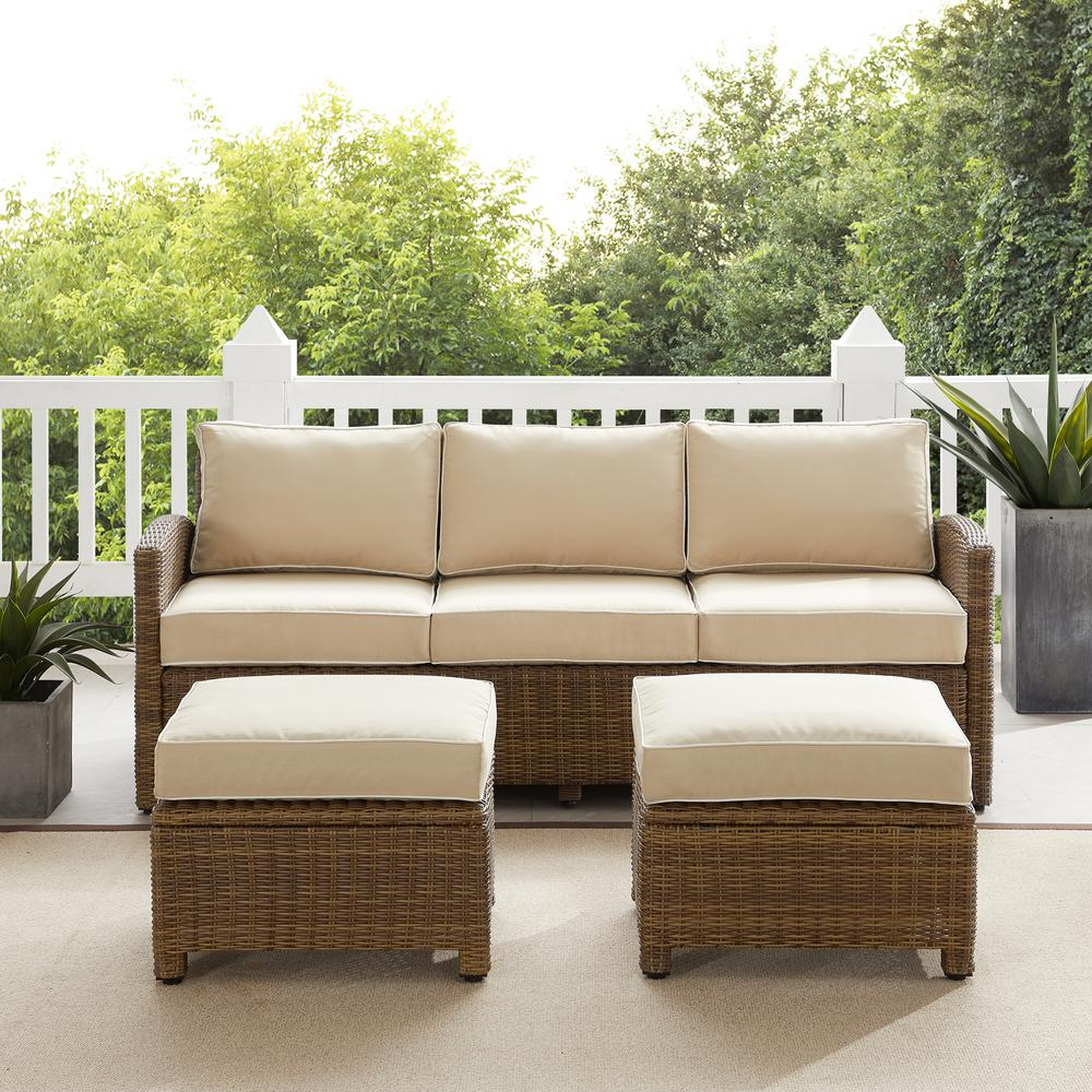 Bradenton 3Pc Outdoor Wicker Sofa Set Sand/Weathered Brown - Sofa & 2 Ottomans