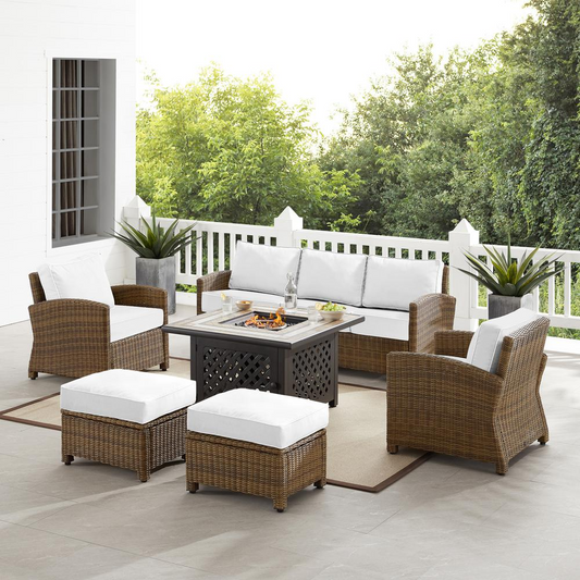 Bradenton 6Pc Outdoor Sofa Set W/Fire Table - Sunbrella White/Weathered Brown - Tucson Fire Table, Sofa, 2 Armchairs & 2 Ottomans