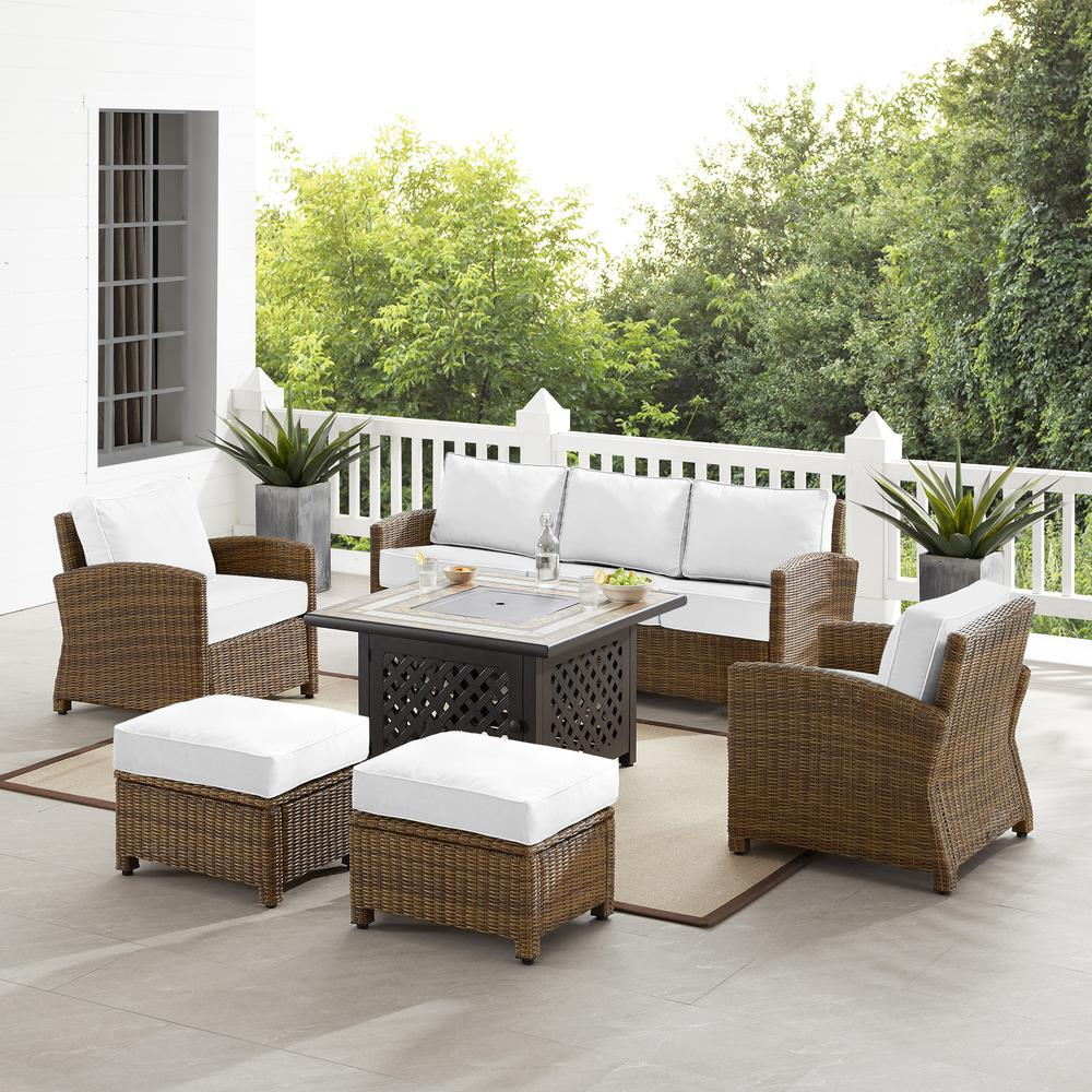 Bradenton 6Pc Outdoor Sofa Set W/Fire Table - Sunbrella White/Weathered Brown - Tucson Fire Table, Sofa, 2 Armchairs & 2 Ottomans