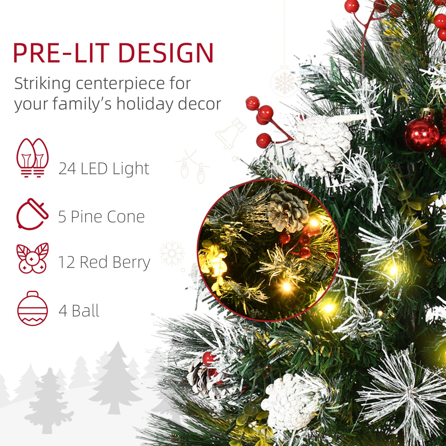 HOMCOM 2.5 Ft/30" 2 Pack Outdoor Entryway Pre-Lit Artificial Christmas Tree Cordless with 70 Branches, Warm White LED lights, Red Berries, Pine Cones, Balls, Green