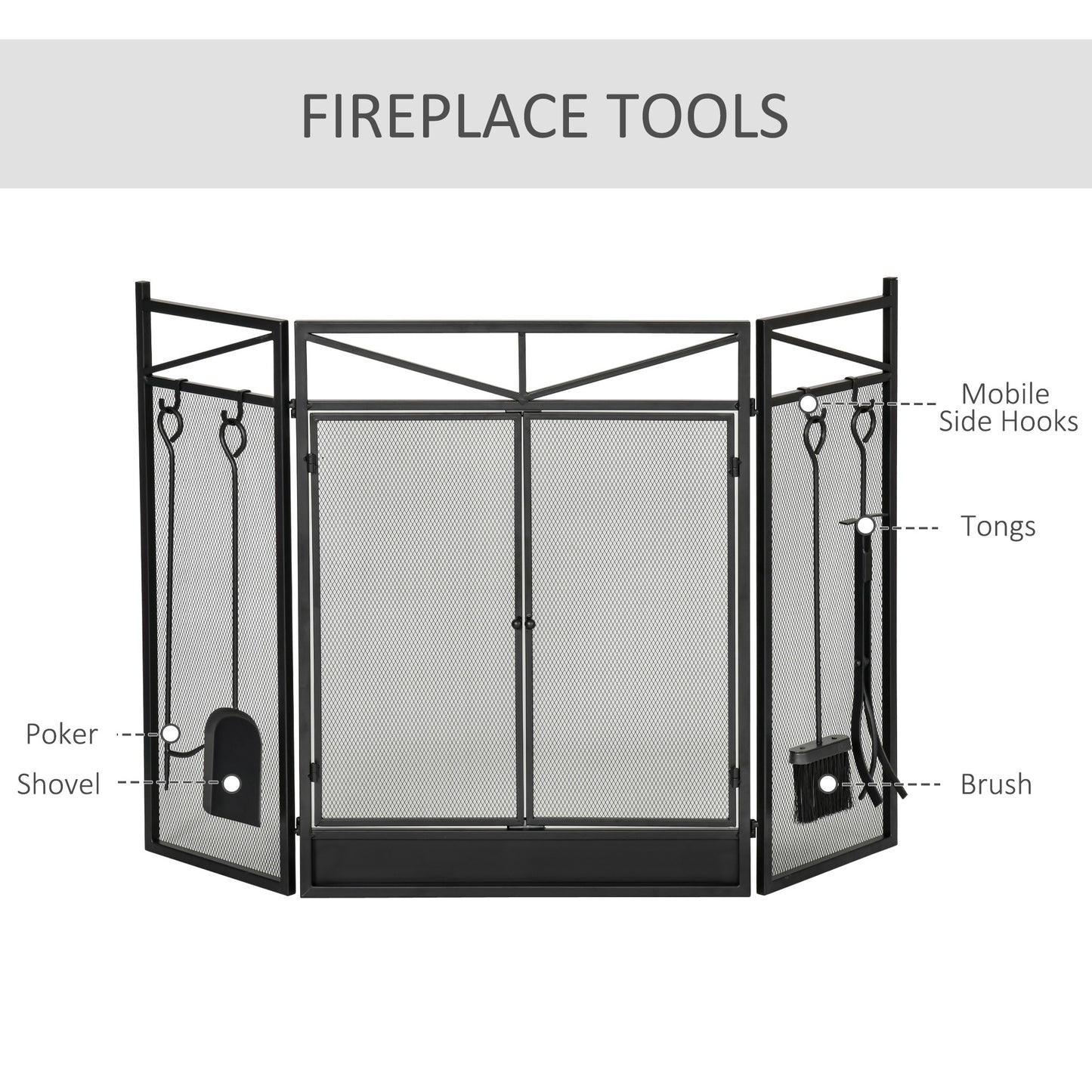 3-Panel Folding Fireplace Screen with 2 Magnetic Doors and Fire Place Tools Set, Fire Spark Guard for Wood Burning, with Brush, Shovel, Poker, Firewood Tongs, 48" x 0.75", Black