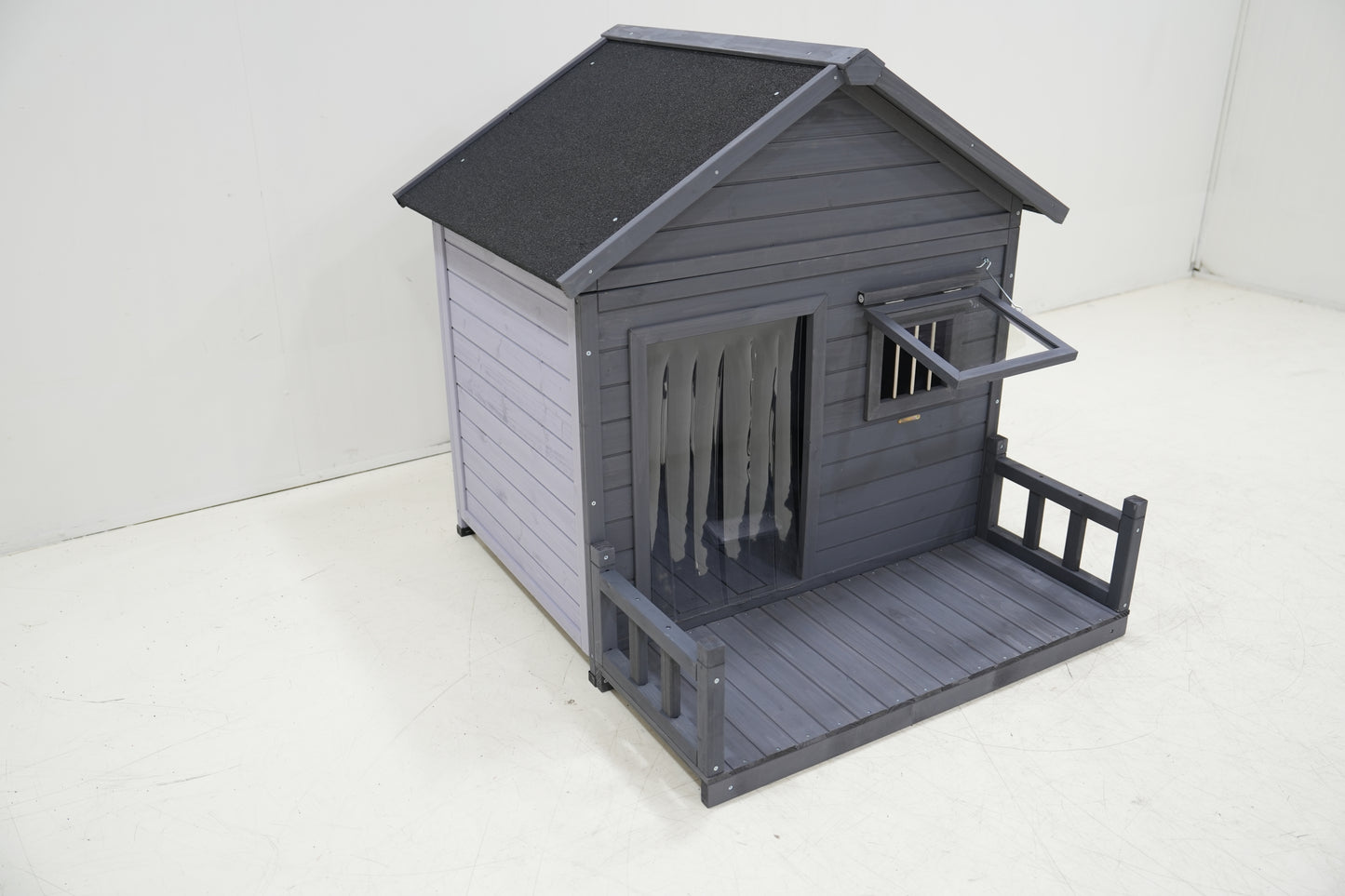 Large dog house, 44.2" long x 44.6" wide x 44.6" high solid wood asphalt roof dog house for large dogs with large terrace, weatherproof large dog house,Complimentary dog bowl