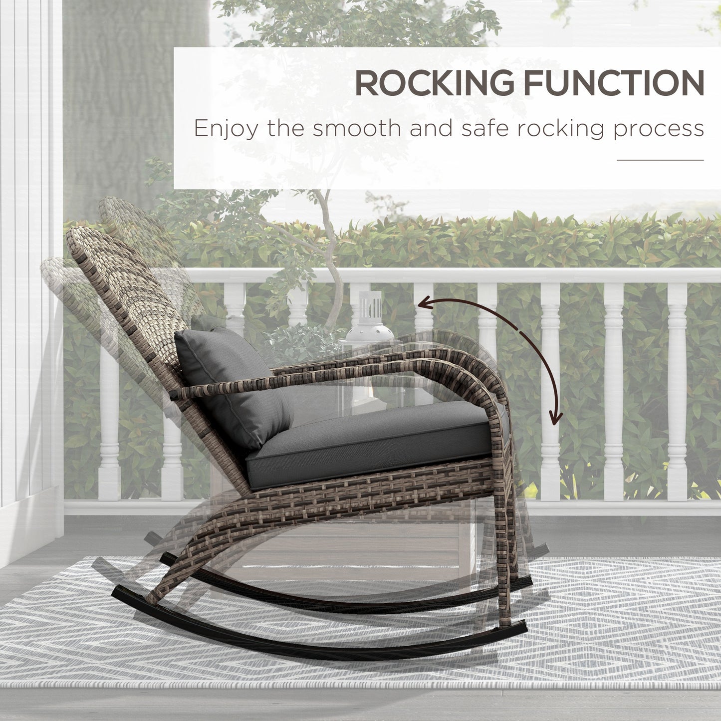 Outsunny Outdoor Wicker Adirondack Rocking Chair, Patio Rattan Rocker Chair with High Back, Seat Cushion, and Pillow for Garden, Porch, Balcony, Gray