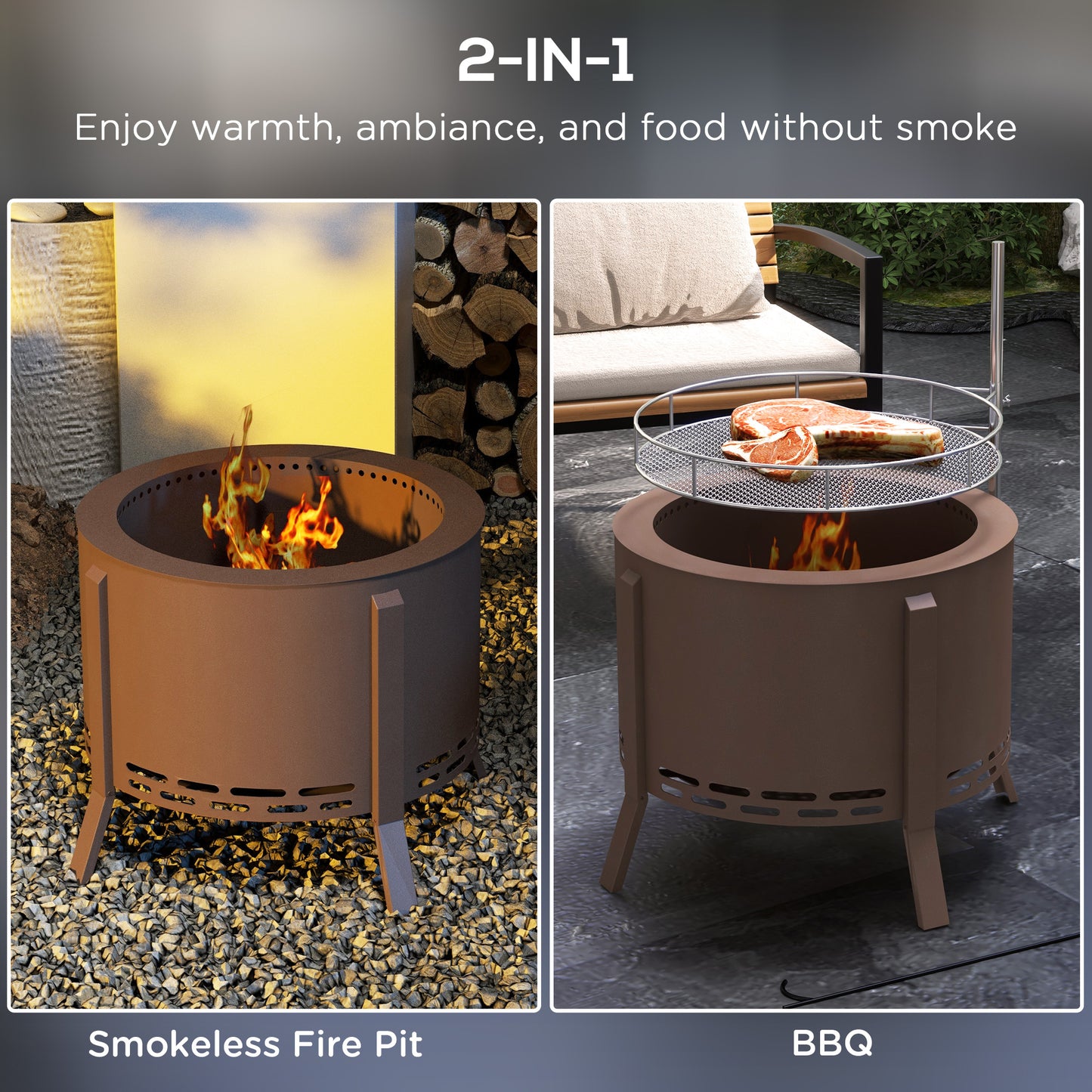 Outsunny 2-in-1 Smokeless Fire Pit, BBQ Grill, 19" Portable Wood Burning Firepit with Cooking Grate and Poker, Low Smoke Camping Bonfire Stove for Backyard Patio Picnic, Steel, Bronze