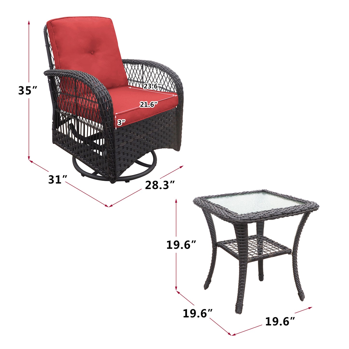 3 Pieces Conversation Set, Outdoor Wicker Rocker Swivel  Patio Bistro Set,  Rocking Chair with Glass Top Side Table,Red