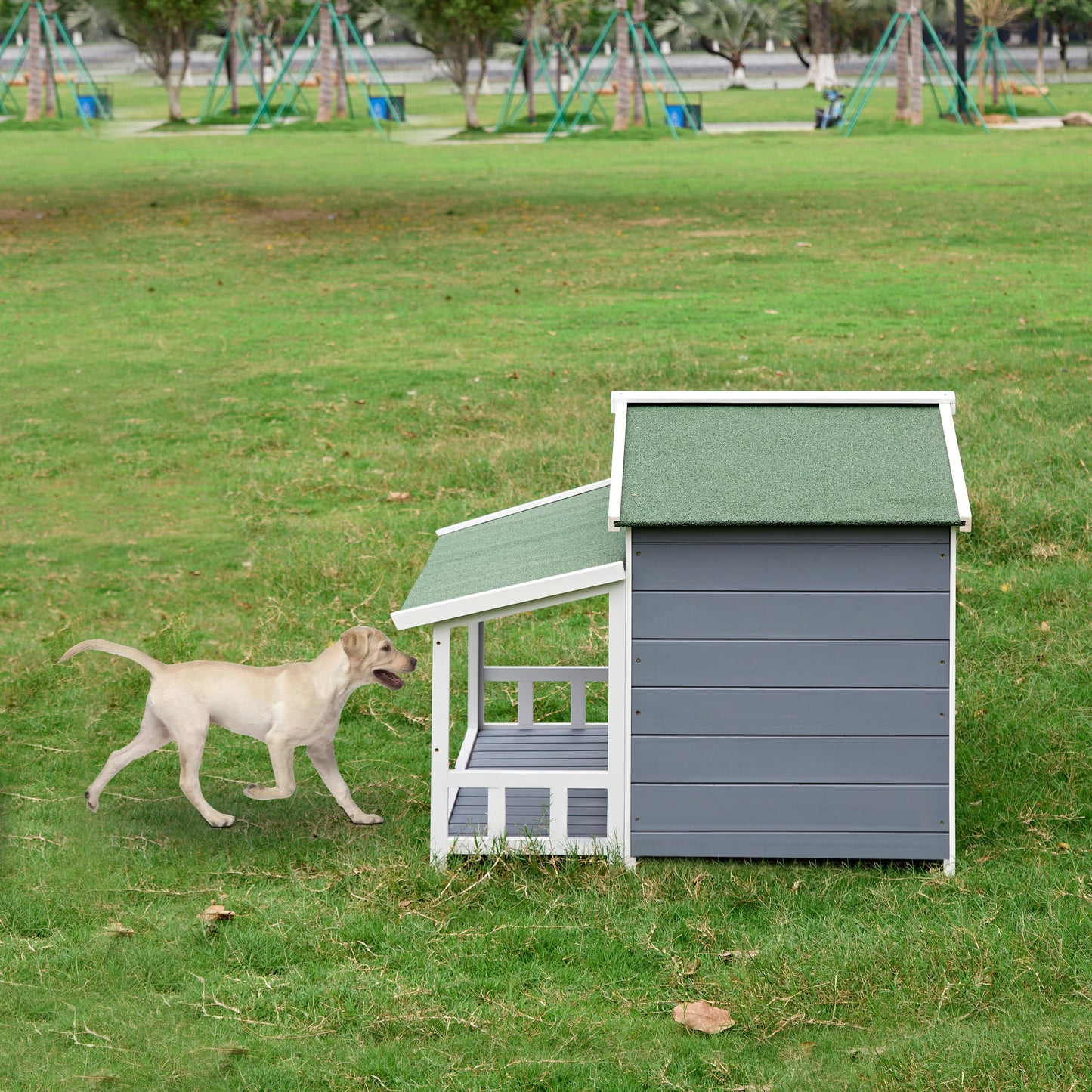 Dog House, Waterproof Dog Cage Kennel, Wooden Outdoor and Indoor Dog House, Log Cabin Style with Porch,Elevated Floor, 2 Doors, Pine Wood Blue+Green