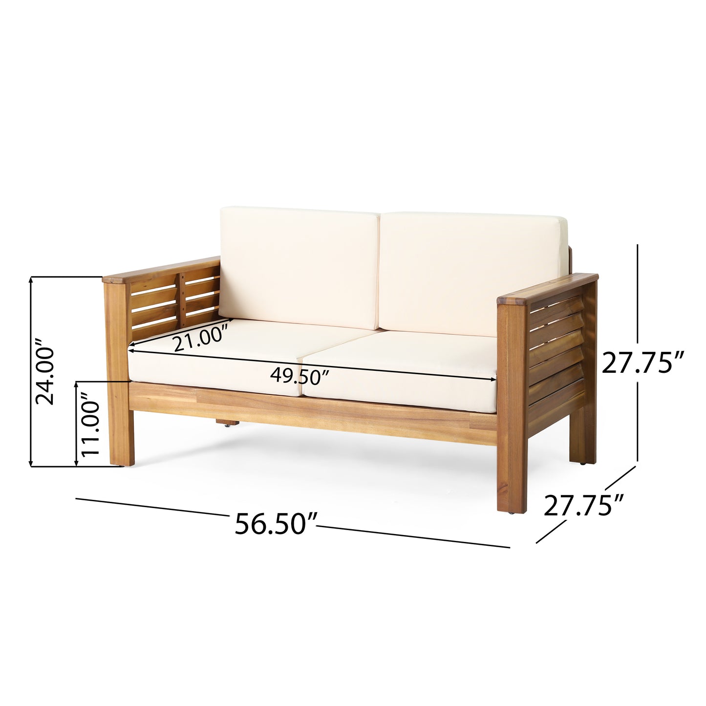 Teak Acacia Wood Loveseat and Coffee Table Set with Cream Cushions